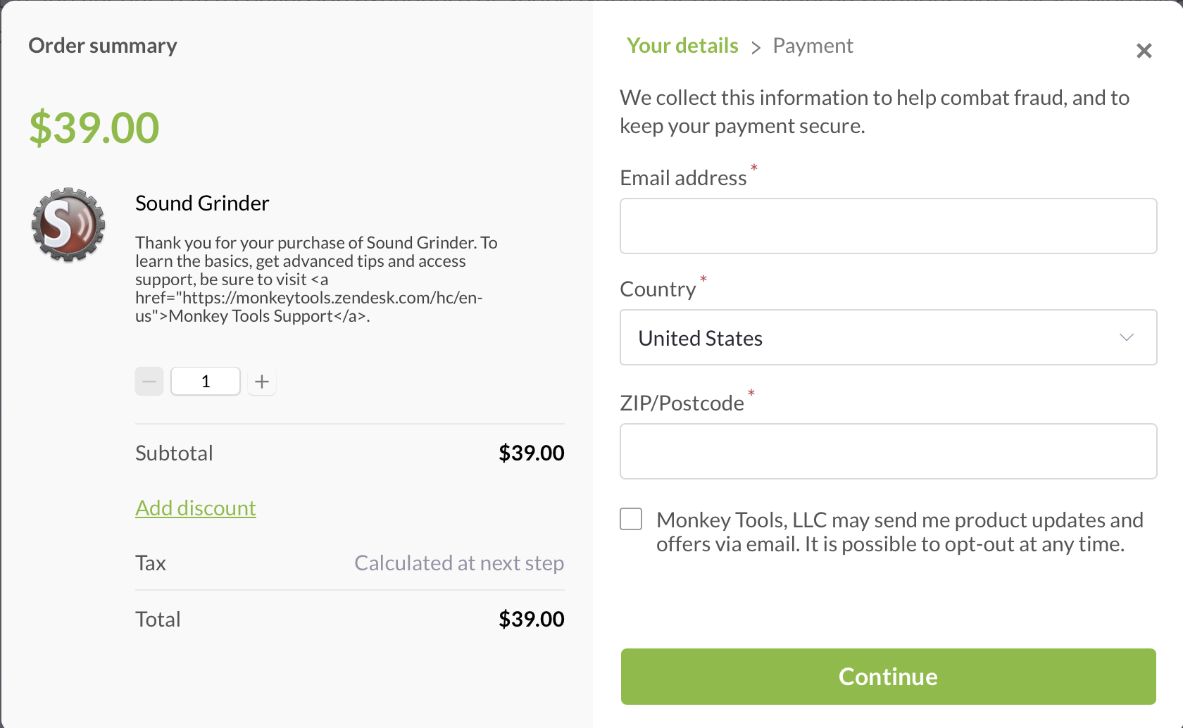 Screenshot of the purchase screen.